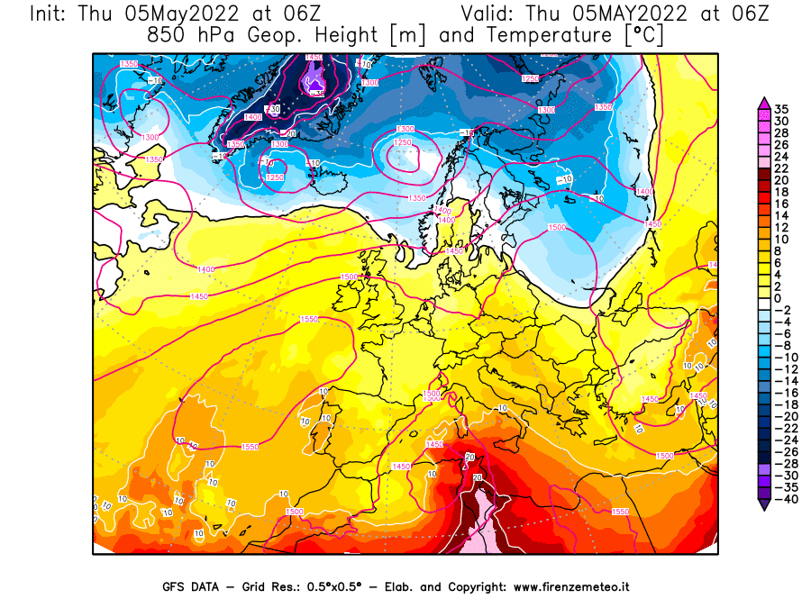 Mappa di analisi GFS - Geopotenziale [m] e Temperatura [°C] a 850 hPa in Europa
									del 05/05/2022 06 <!--googleoff: index-->UTC<!--googleon: index-->