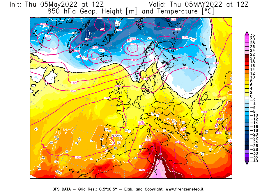 Mappa di analisi GFS - Geopotenziale [m] e Temperatura [°C] a 850 hPa in Europa
									del 05/05/2022 12 <!--googleoff: index-->UTC<!--googleon: index-->