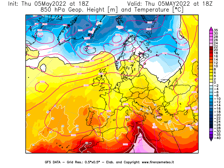 Mappa di analisi GFS - Geopotenziale [m] e Temperatura [°C] a 850 hPa in Europa
									del 05/05/2022 18 <!--googleoff: index-->UTC<!--googleon: index-->