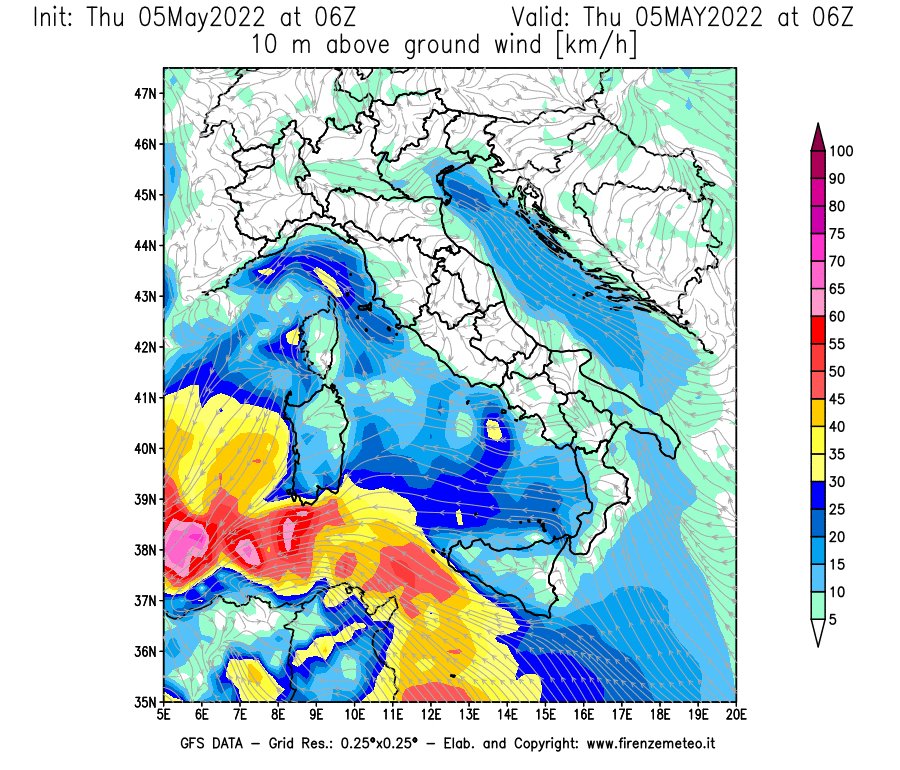 Mappa di analisi GFS - Velocità del vento a 10 metri dal suolo [km/h] in Italia
									del 05/05/2022 06 <!--googleoff: index-->UTC<!--googleon: index-->