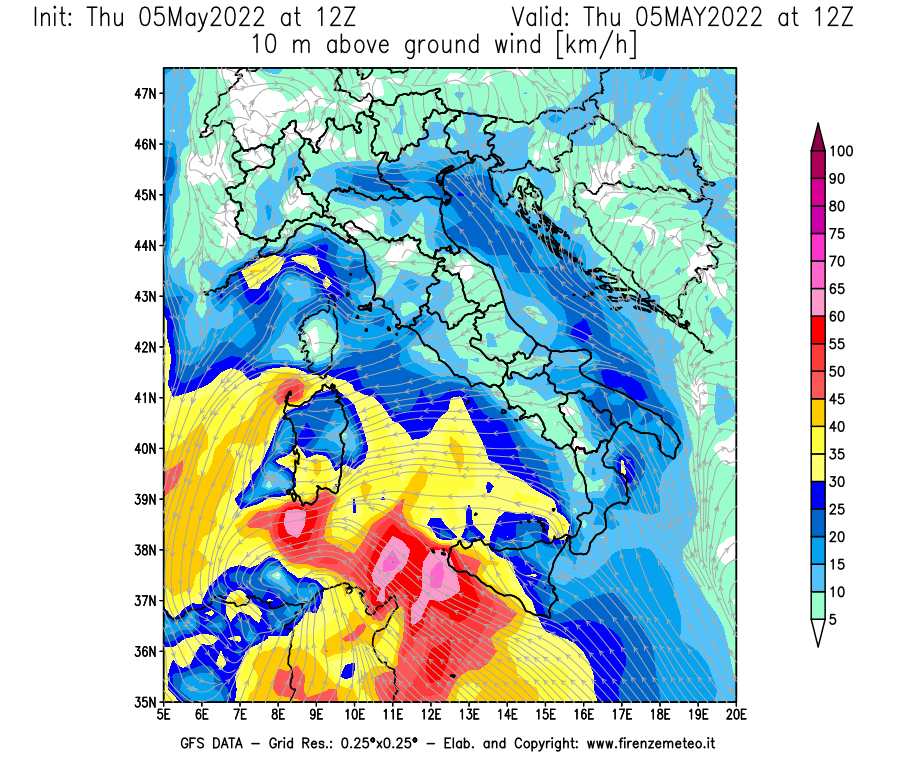 Mappa di analisi GFS - Velocità del vento a 10 metri dal suolo [km/h] in Italia
									del 05/05/2022 12 <!--googleoff: index-->UTC<!--googleon: index-->