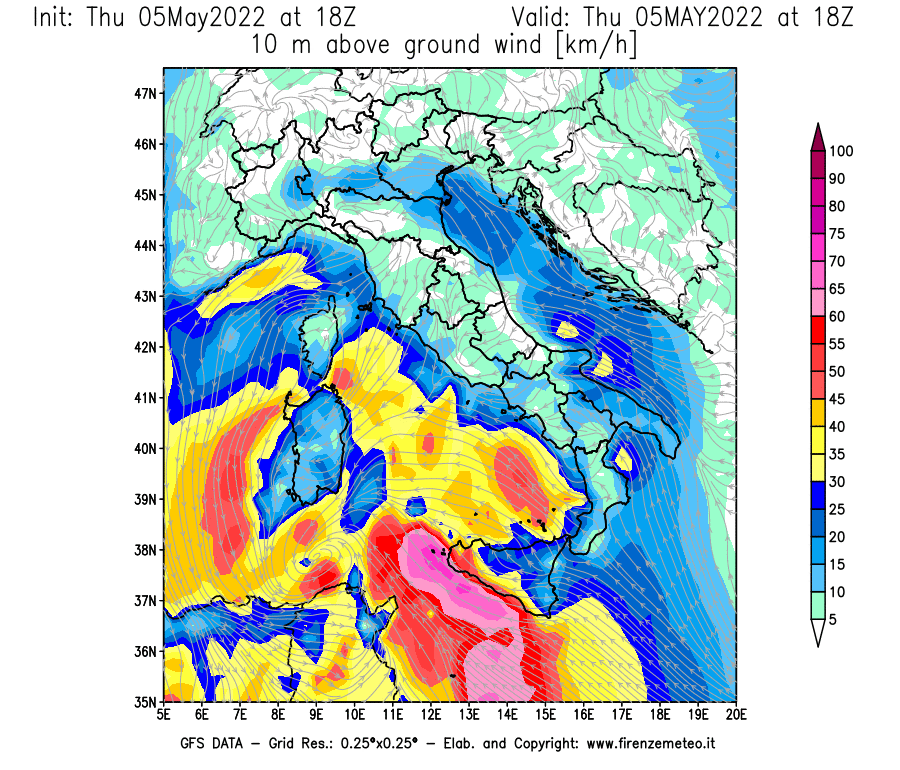 Mappa di analisi GFS - Velocità del vento a 10 metri dal suolo [km/h] in Italia
									del 05/05/2022 18 <!--googleoff: index-->UTC<!--googleon: index-->