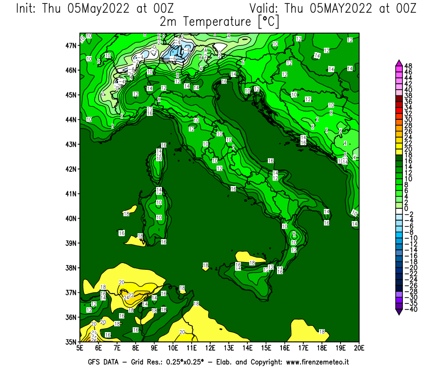 Mappa di analisi GFS - Temperatura a 2 metri dal suolo [°C] in Italia
									del 05/05/2022 00 <!--googleoff: index-->UTC<!--googleon: index-->