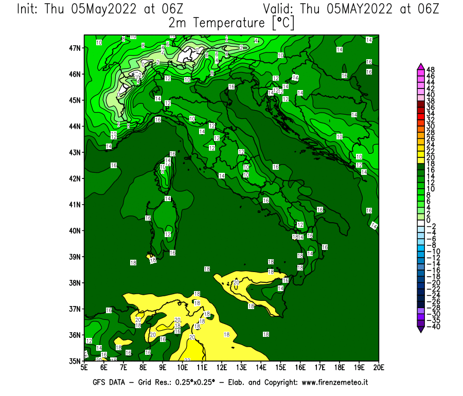 Mappa di analisi GFS - Temperatura a 2 metri dal suolo [°C] in Italia
									del 05/05/2022 06 <!--googleoff: index-->UTC<!--googleon: index-->