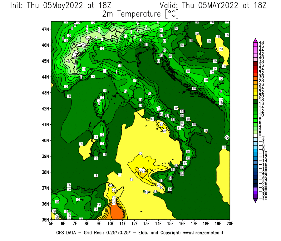 Mappa di analisi GFS - Temperatura a 2 metri dal suolo [°C] in Italia
									del 05/05/2022 18 <!--googleoff: index-->UTC<!--googleon: index-->
