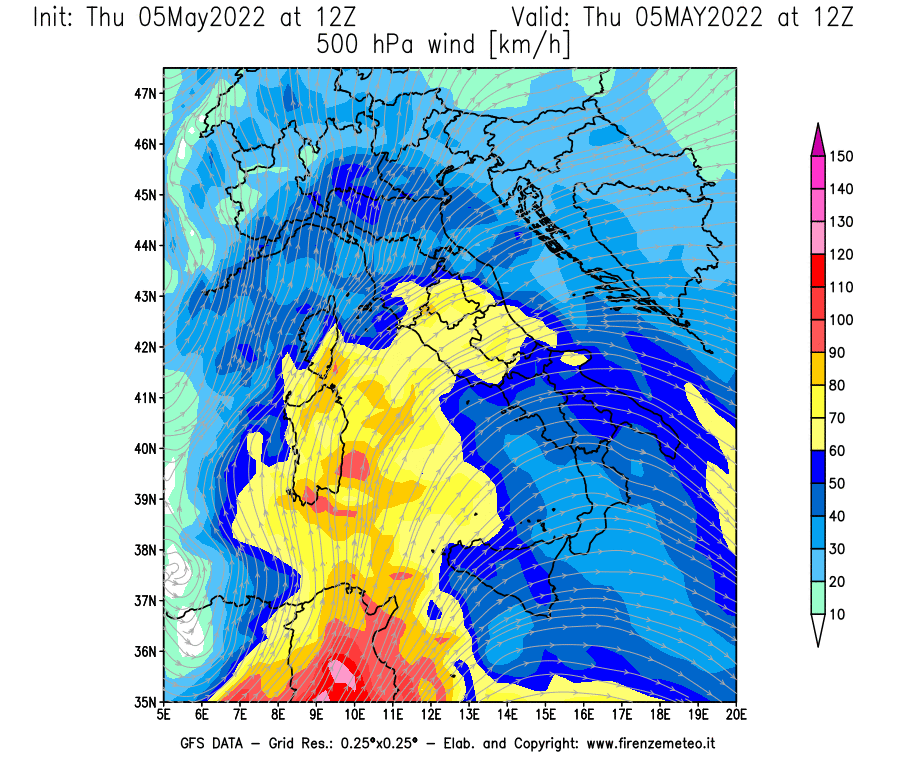 Mappa di analisi GFS - Velocità del vento a 500 hPa [km/h] in Italia
									del 05/05/2022 12 <!--googleoff: index-->UTC<!--googleon: index-->
