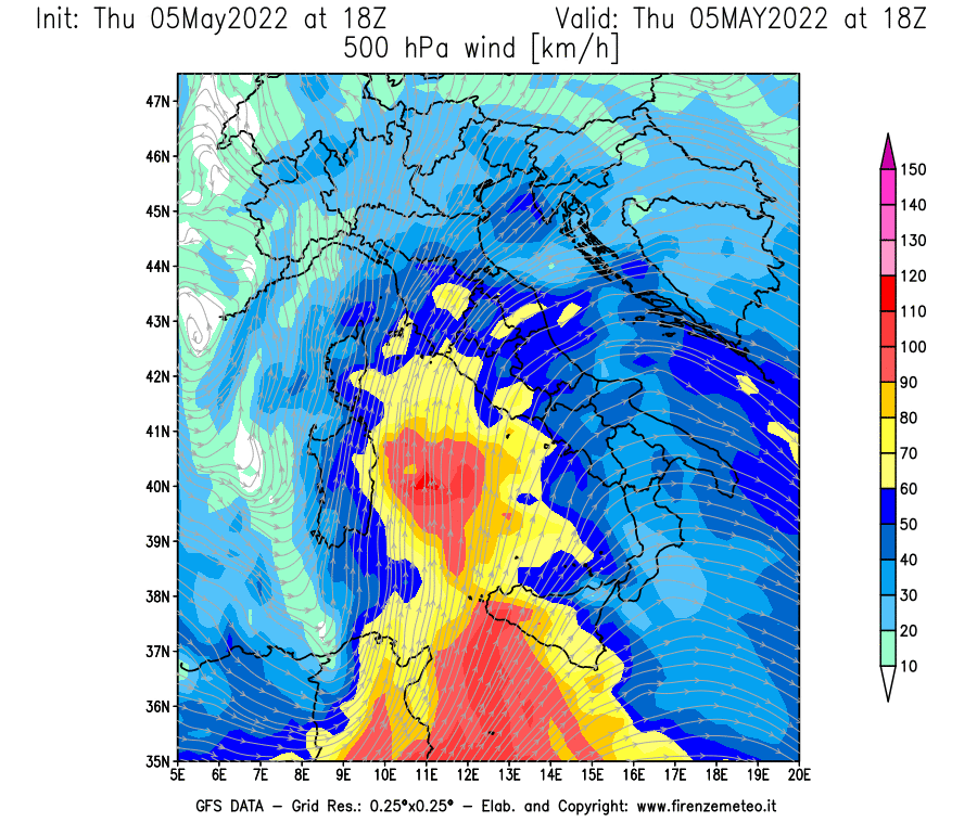 Mappa di analisi GFS - Velocità del vento a 500 hPa [km/h] in Italia
									del 05/05/2022 18 <!--googleoff: index-->UTC<!--googleon: index-->