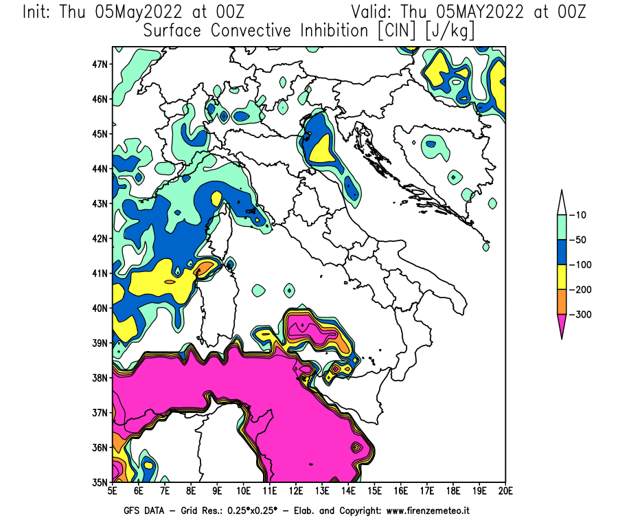 Mappa di analisi GFS - CIN [J/kg] in Italia
									del 05/05/2022 00 <!--googleoff: index-->UTC<!--googleon: index-->