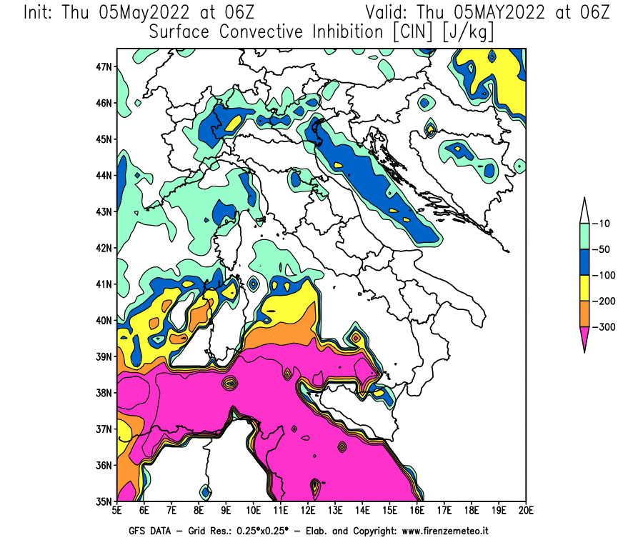 Mappa di analisi GFS - CIN [J/kg] in Italia
									del 05/05/2022 06 <!--googleoff: index-->UTC<!--googleon: index-->