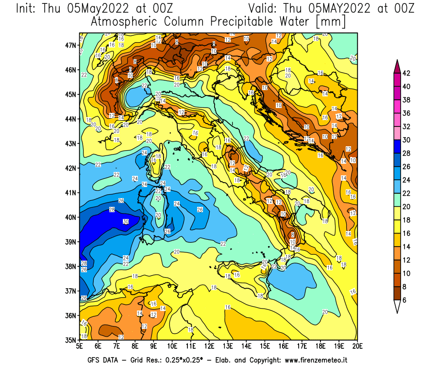 Mappa di analisi GFS - Precipitable Water [mm] in Italia
									del 05/05/2022 00 <!--googleoff: index-->UTC<!--googleon: index-->