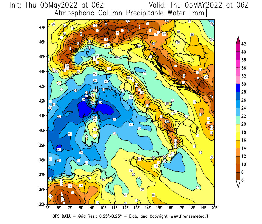 Mappa di analisi GFS - Precipitable Water [mm] in Italia
									del 05/05/2022 06 <!--googleoff: index-->UTC<!--googleon: index-->