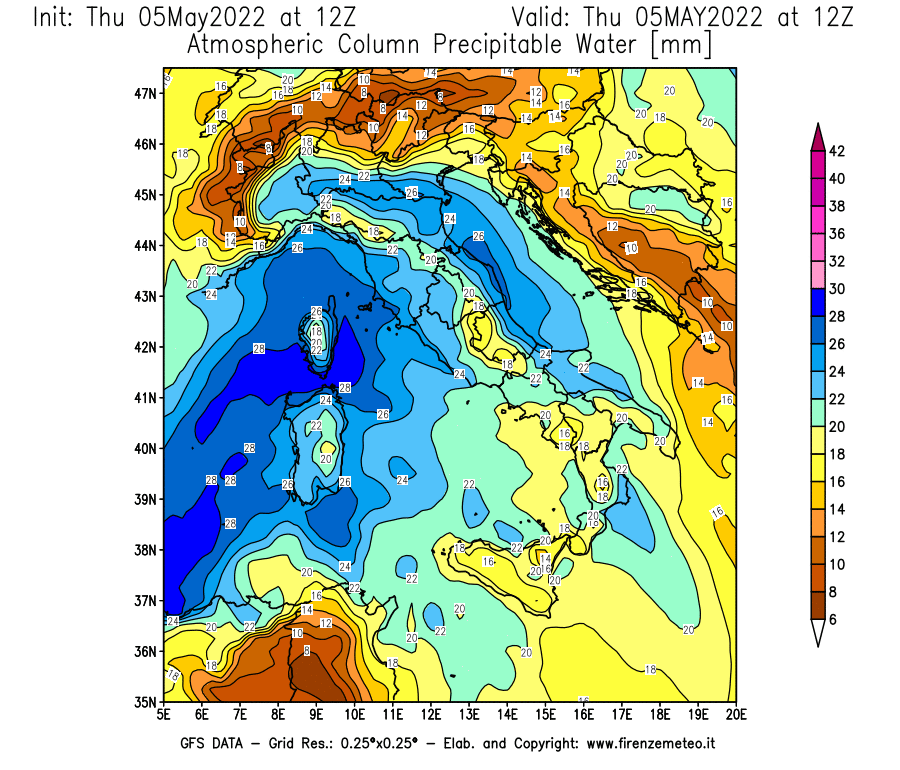 Mappa di analisi GFS - Precipitable Water [mm] in Italia
									del 05/05/2022 12 <!--googleoff: index-->UTC<!--googleon: index-->