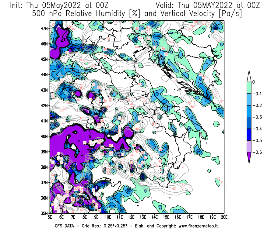 Mappa di analisi GFS - Umidità relativa [%] e Omega [Pa/s] a 500 hPa in Italia
									del 05/05/2022 00 <!--googleoff: index-->UTC<!--googleon: index-->