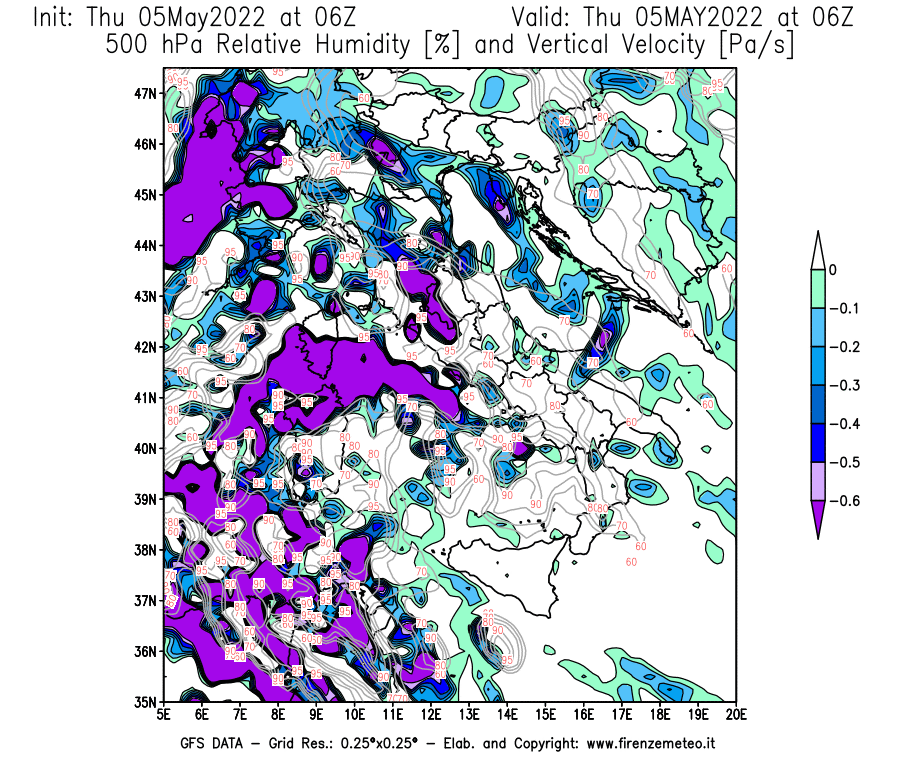 Mappa di analisi GFS - Umidità relativa [%] e Omega [Pa/s] a 500 hPa in Italia
									del 05/05/2022 06 <!--googleoff: index-->UTC<!--googleon: index-->