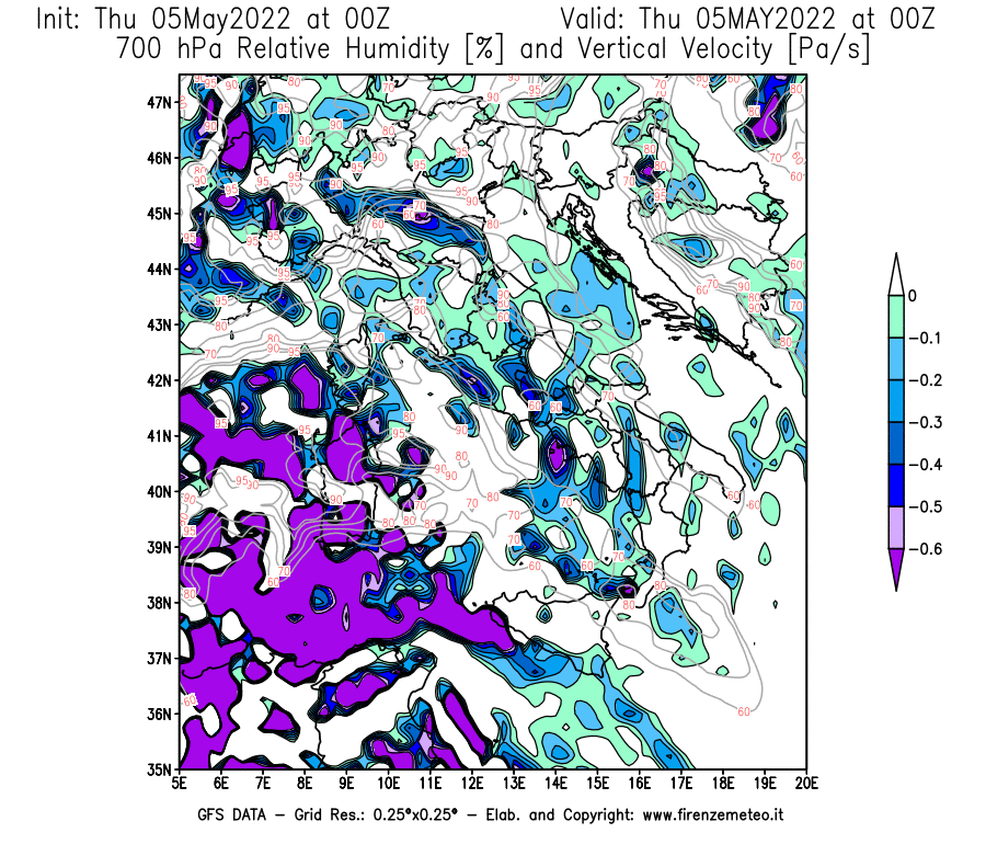 Mappa di analisi GFS - Umidità relativa [%] e Omega [Pa/s] a 700 hPa in Italia
									del 05/05/2022 00 <!--googleoff: index-->UTC<!--googleon: index-->