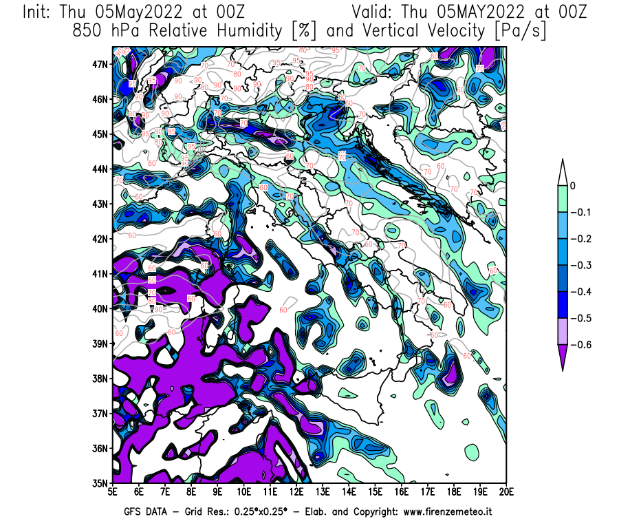 Mappa di analisi GFS - Umidità relativa [%] e Omega [Pa/s] a 850 hPa in Italia
									del 05/05/2022 00 <!--googleoff: index-->UTC<!--googleon: index-->