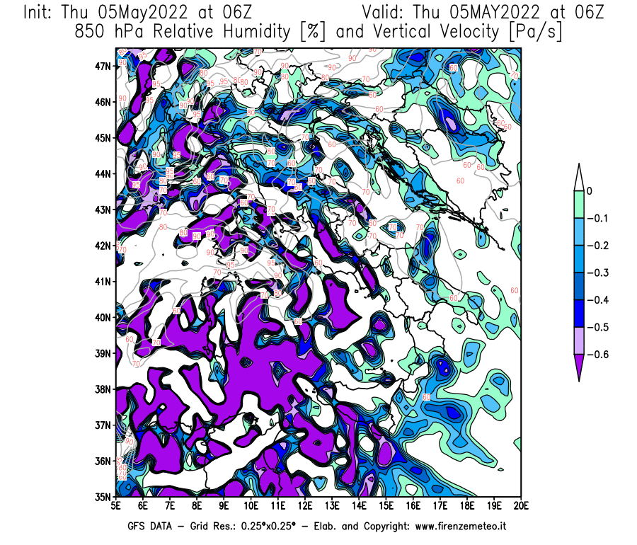 Mappa di analisi GFS - Umidità relativa [%] e Omega [Pa/s] a 850 hPa in Italia
									del 05/05/2022 06 <!--googleoff: index-->UTC<!--googleon: index-->