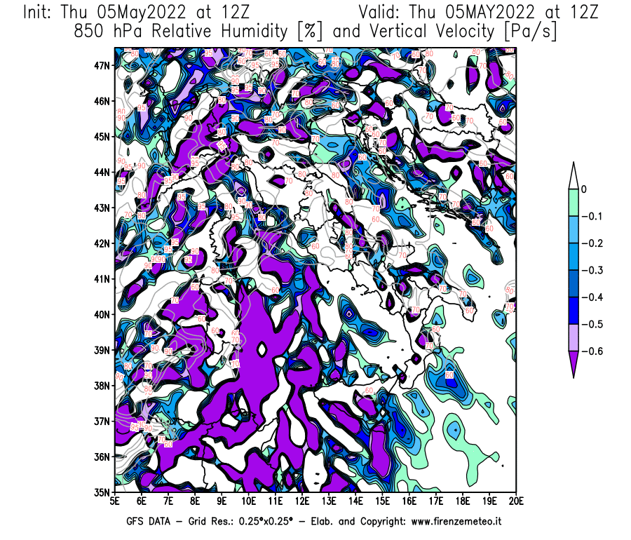 Mappa di analisi GFS - Umidità relativa [%] e Omega [Pa/s] a 850 hPa in Italia
									del 05/05/2022 12 <!--googleoff: index-->UTC<!--googleon: index-->