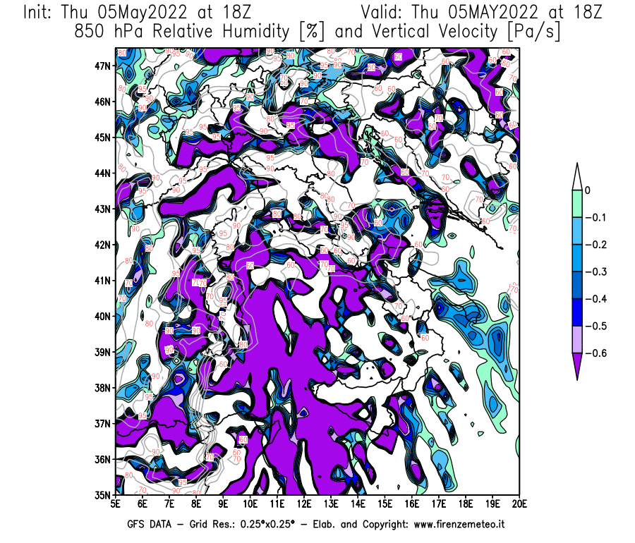Mappa di analisi GFS - Umidità relativa [%] e Omega [Pa/s] a 850 hPa in Italia
									del 05/05/2022 18 <!--googleoff: index-->UTC<!--googleon: index-->