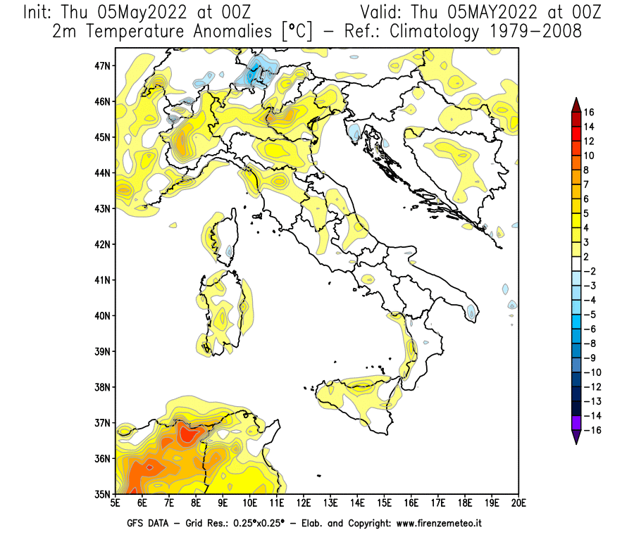 Mappa di analisi GFS - Anomalia Temperatura [°C] a 2 m in Italia
									del 05/05/2022 00 <!--googleoff: index-->UTC<!--googleon: index-->