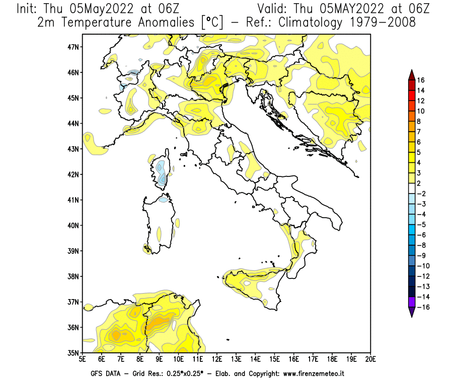 Mappa di analisi GFS - Anomalia Temperatura [°C] a 2 m in Italia
									del 05/05/2022 06 <!--googleoff: index-->UTC<!--googleon: index-->