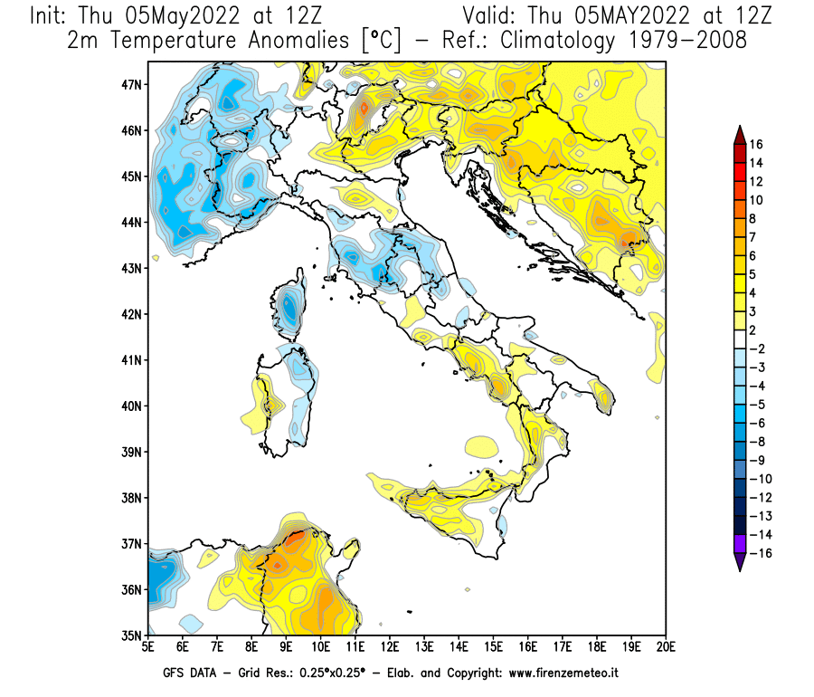 Mappa di analisi GFS - Anomalia Temperatura [°C] a 2 m in Italia
									del 05/05/2022 12 <!--googleoff: index-->UTC<!--googleon: index-->