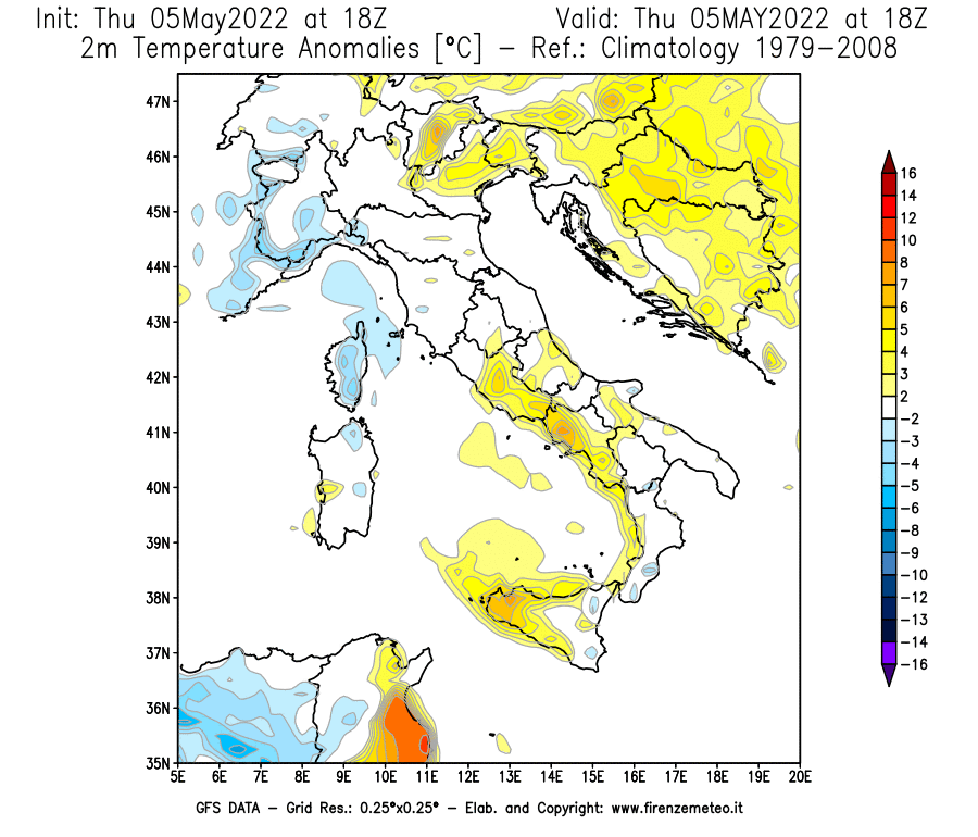 Mappa di analisi GFS - Anomalia Temperatura [°C] a 2 m in Italia
									del 05/05/2022 18 <!--googleoff: index-->UTC<!--googleon: index-->