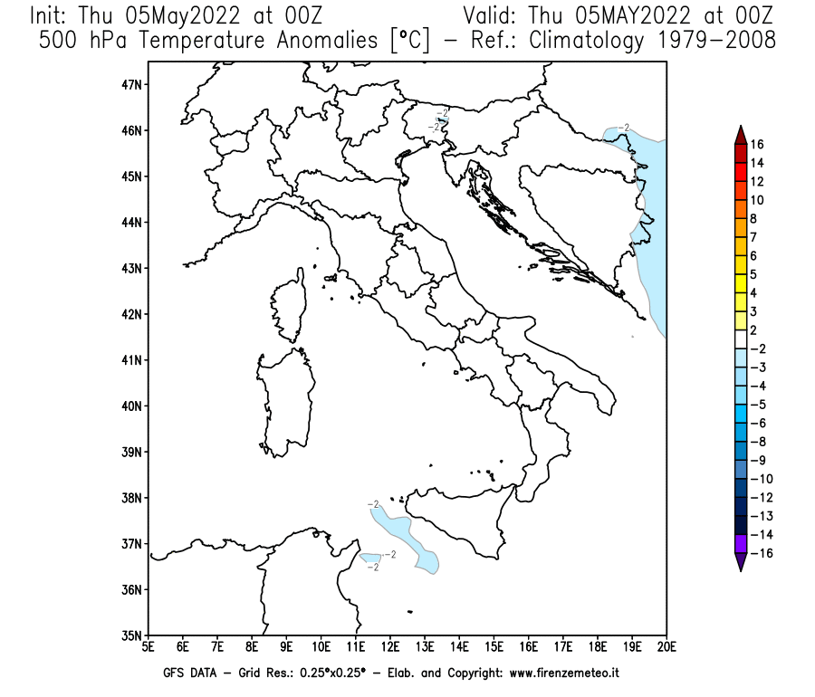 Mappa di analisi GFS - Anomalia Temperatura [°C] a 500 hPa in Italia
									del 05/05/2022 00 <!--googleoff: index-->UTC<!--googleon: index-->