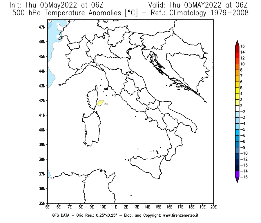 Mappa di analisi GFS - Anomalia Temperatura [°C] a 500 hPa in Italia
									del 05/05/2022 06 <!--googleoff: index-->UTC<!--googleon: index-->