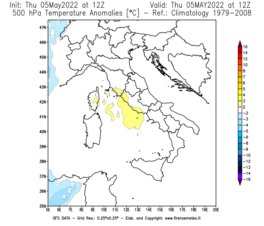 Mappa di analisi GFS - Anomalia Temperatura [°C] a 500 hPa in Italia
									del 05/05/2022 12 <!--googleoff: index-->UTC<!--googleon: index-->