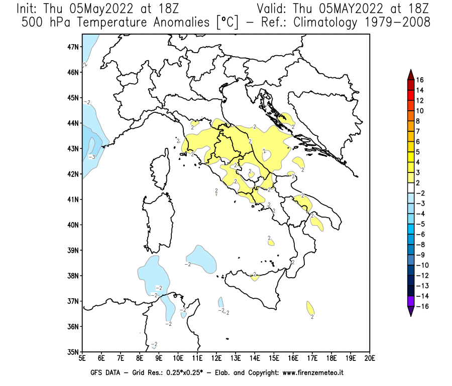 Mappa di analisi GFS - Anomalia Temperatura [°C] a 500 hPa in Italia
									del 05/05/2022 18 <!--googleoff: index-->UTC<!--googleon: index-->