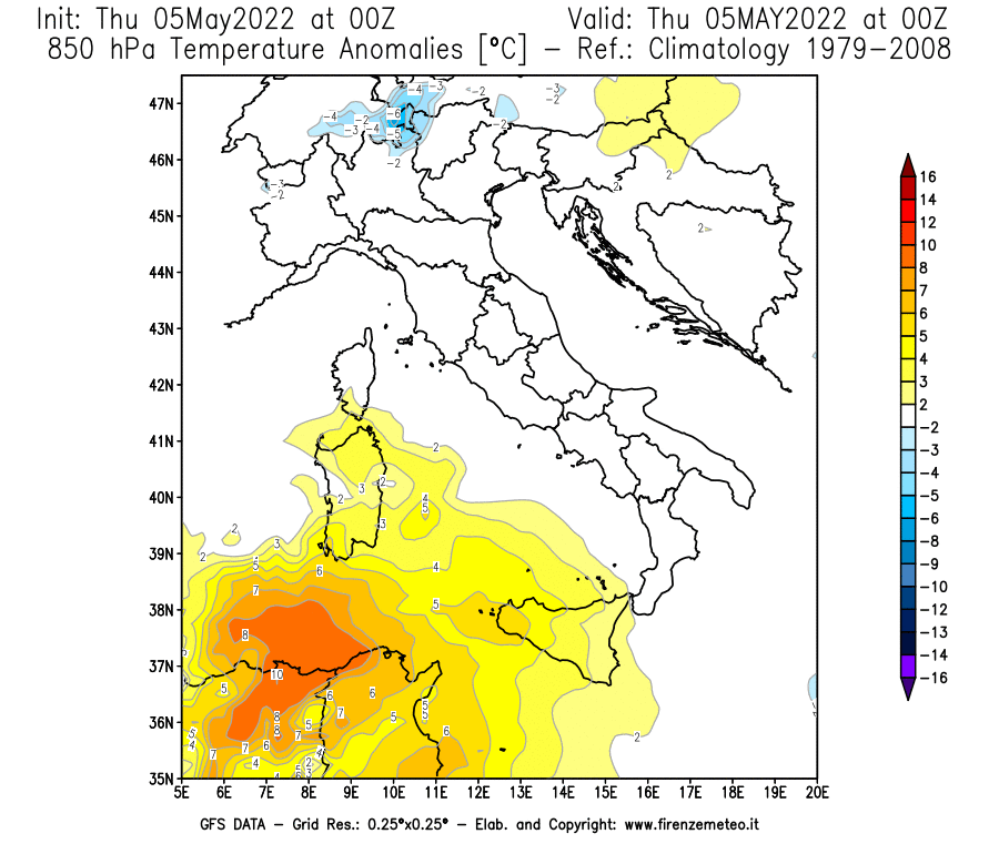 Mappa di analisi GFS - Anomalia Temperatura [°C] a 850 hPa in Italia
									del 05/05/2022 00 <!--googleoff: index-->UTC<!--googleon: index-->