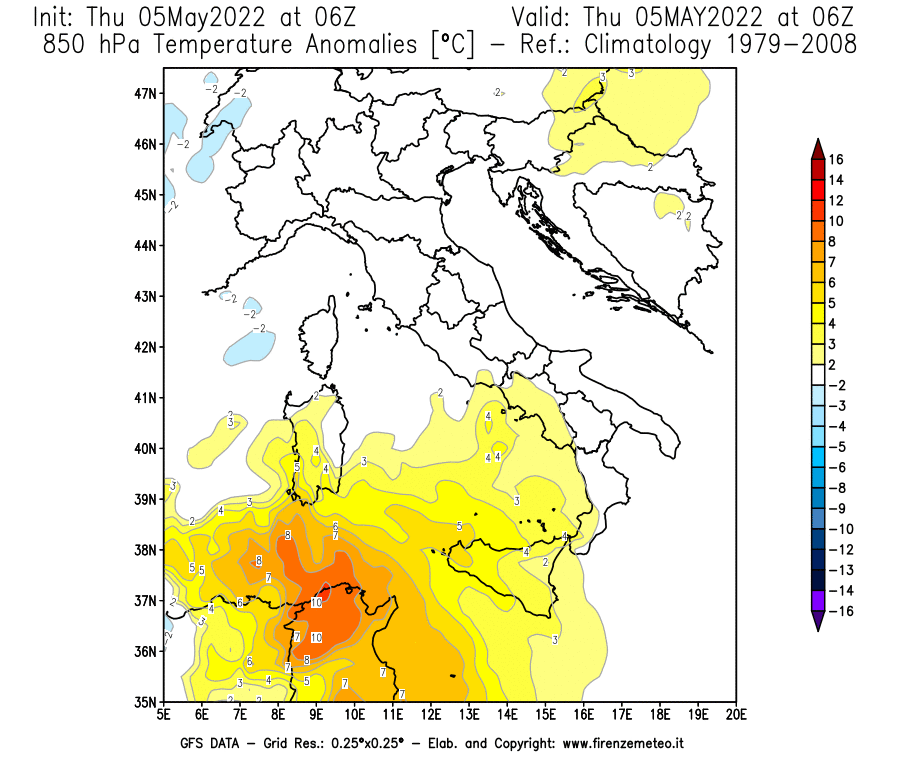 Mappa di analisi GFS - Anomalia Temperatura [°C] a 850 hPa in Italia
									del 05/05/2022 06 <!--googleoff: index-->UTC<!--googleon: index-->