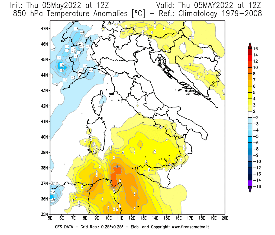Mappa di analisi GFS - Anomalia Temperatura [°C] a 850 hPa in Italia
									del 05/05/2022 12 <!--googleoff: index-->UTC<!--googleon: index-->