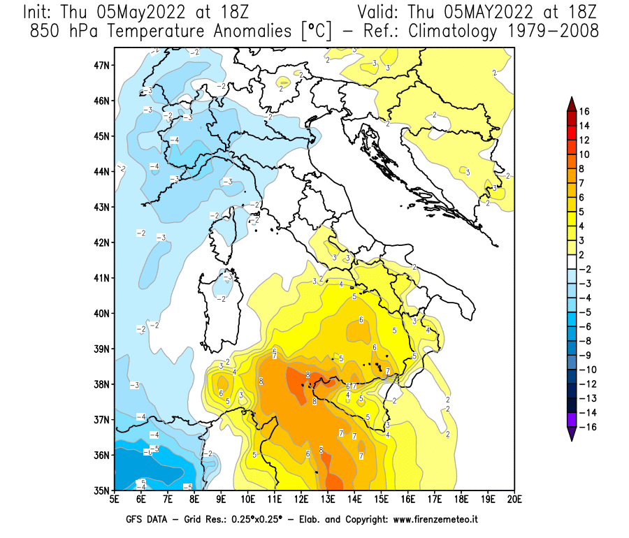 Mappa di analisi GFS - Anomalia Temperatura [°C] a 850 hPa in Italia
									del 05/05/2022 18 <!--googleoff: index-->UTC<!--googleon: index-->