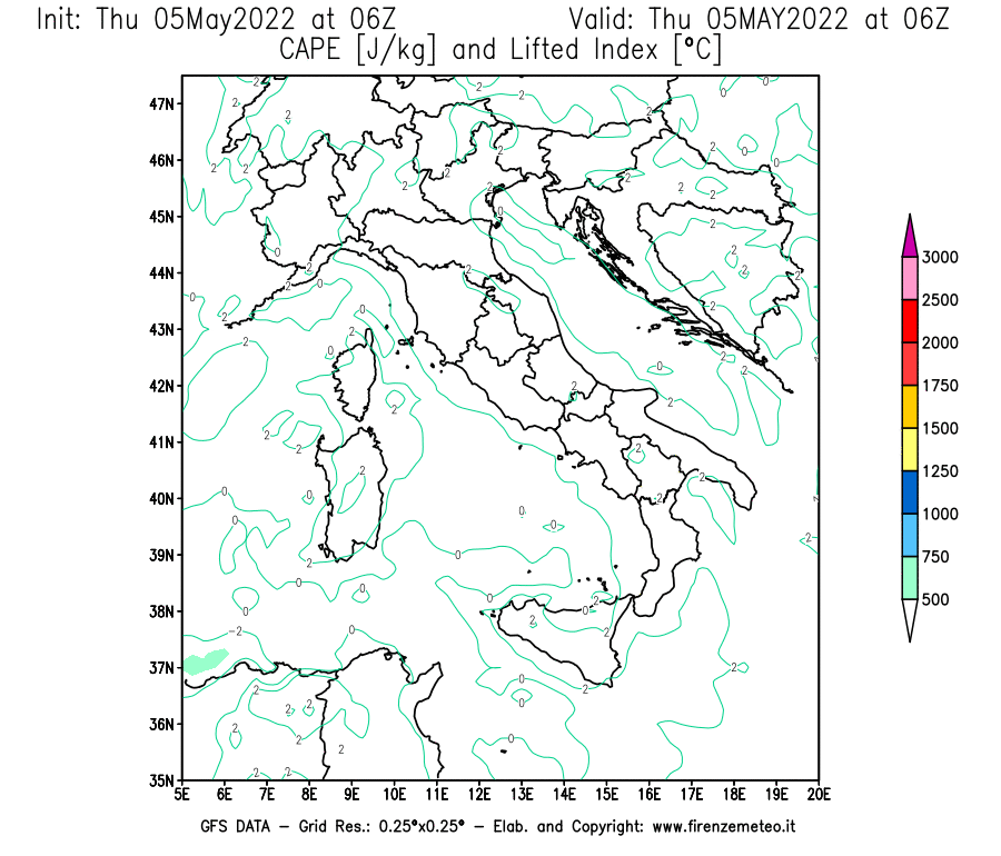 Mappa di analisi GFS - CAPE [J/kg] e Lifted Index [°C] in Italia
									del 05/05/2022 06 <!--googleoff: index-->UTC<!--googleon: index-->