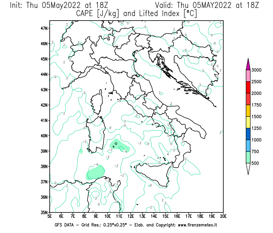 Mappa di analisi GFS - CAPE [J/kg] e Lifted Index [°C] in Italia
									del 05/05/2022 18 <!--googleoff: index-->UTC<!--googleon: index-->