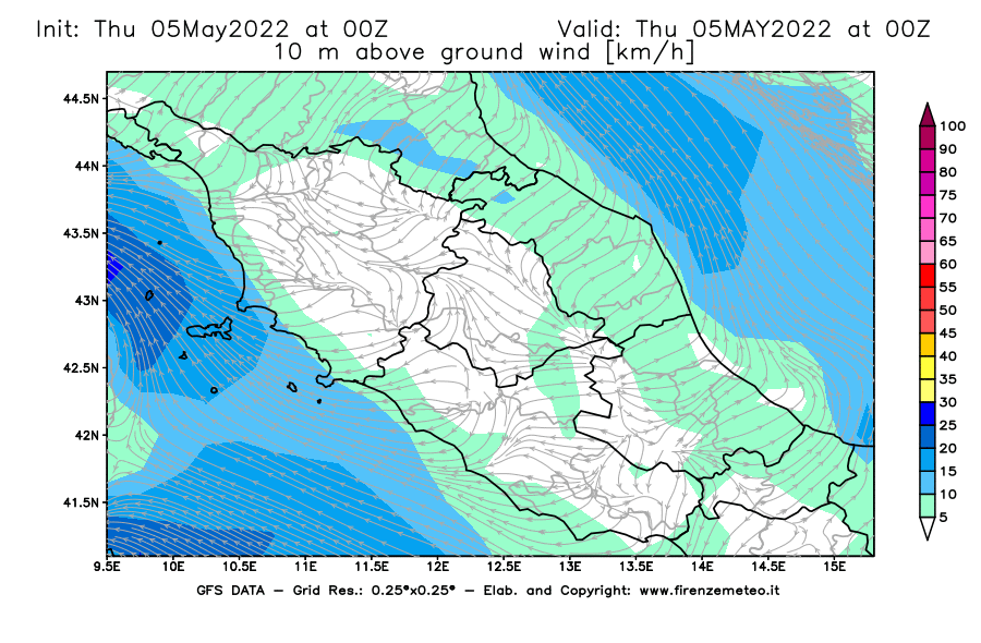 Mappa di analisi GFS - Velocità del vento a 10 metri dal suolo [km/h] in Centro-Italia
									del 05/05/2022 00 <!--googleoff: index-->UTC<!--googleon: index-->