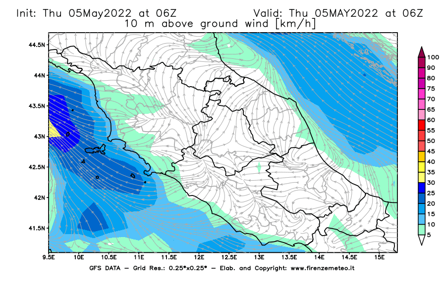 Mappa di analisi GFS - Velocità del vento a 10 metri dal suolo [km/h] in Centro-Italia
									del 05/05/2022 06 <!--googleoff: index-->UTC<!--googleon: index-->