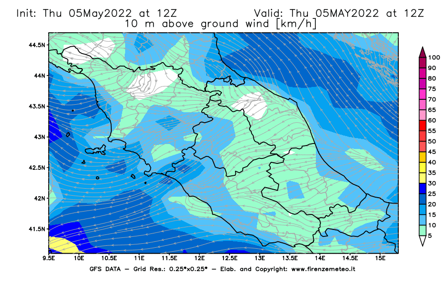Mappa di analisi GFS - Velocità del vento a 10 metri dal suolo [km/h] in Centro-Italia
									del 05/05/2022 12 <!--googleoff: index-->UTC<!--googleon: index-->