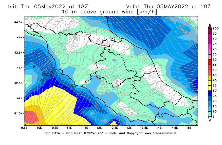 Mappa di analisi GFS - Velocità del vento a 10 metri dal suolo [km/h] in Centro-Italia
									del 05/05/2022 18 <!--googleoff: index-->UTC<!--googleon: index-->