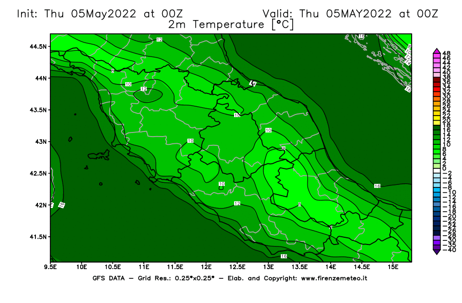 Mappa di analisi GFS - Temperatura a 2 metri dal suolo [°C] in Centro-Italia
									del 05/05/2022 00 <!--googleoff: index-->UTC<!--googleon: index-->