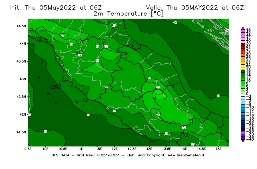 Mappa di analisi GFS - Temperatura a 2 metri dal suolo [°C] in Centro-Italia
									del 05/05/2022 06 <!--googleoff: index-->UTC<!--googleon: index-->