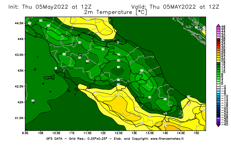Mappa di analisi GFS - Temperatura a 2 metri dal suolo [°C] in Centro-Italia
									del 05/05/2022 12 <!--googleoff: index-->UTC<!--googleon: index-->