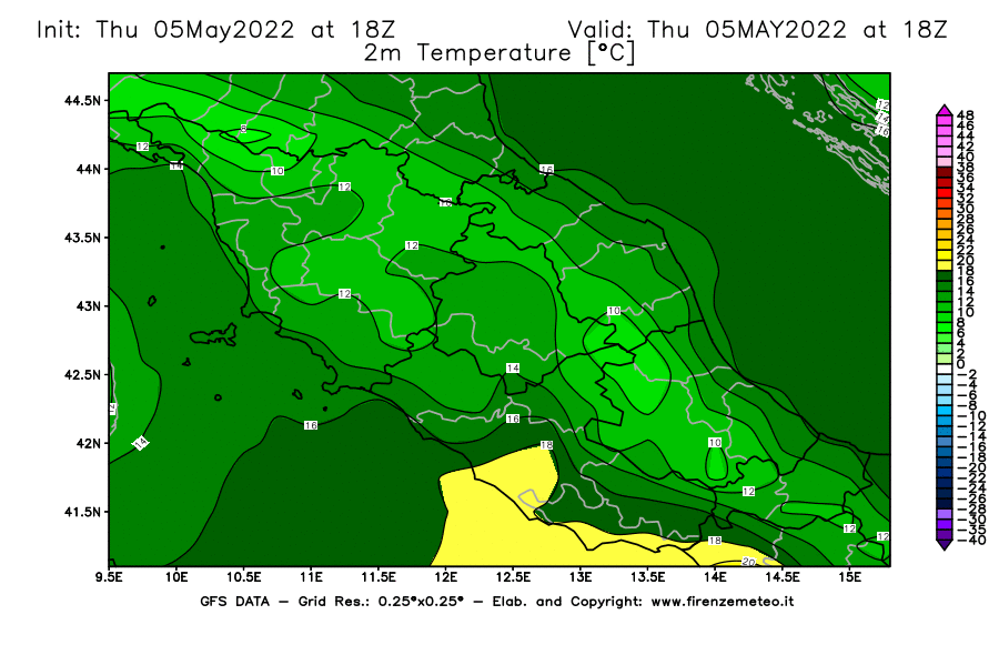 Mappa di analisi GFS - Temperatura a 2 metri dal suolo [°C] in Centro-Italia
									del 05/05/2022 18 <!--googleoff: index-->UTC<!--googleon: index-->