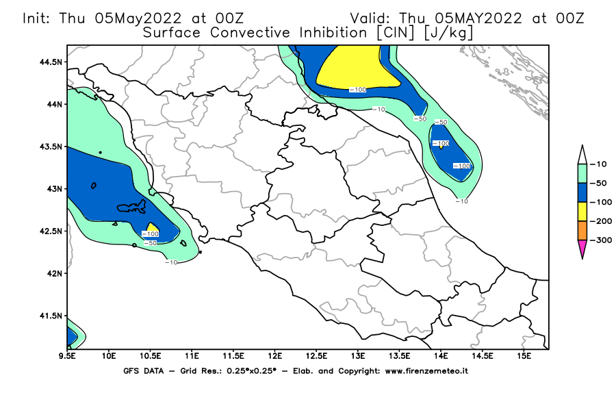 Mappa di analisi GFS - CIN [J/kg] in Centro-Italia
									del 05/05/2022 00 <!--googleoff: index-->UTC<!--googleon: index-->