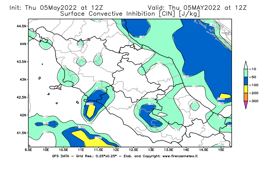 Mappa di analisi GFS - CIN [J/kg] in Centro-Italia
									del 05/05/2022 12 <!--googleoff: index-->UTC<!--googleon: index-->