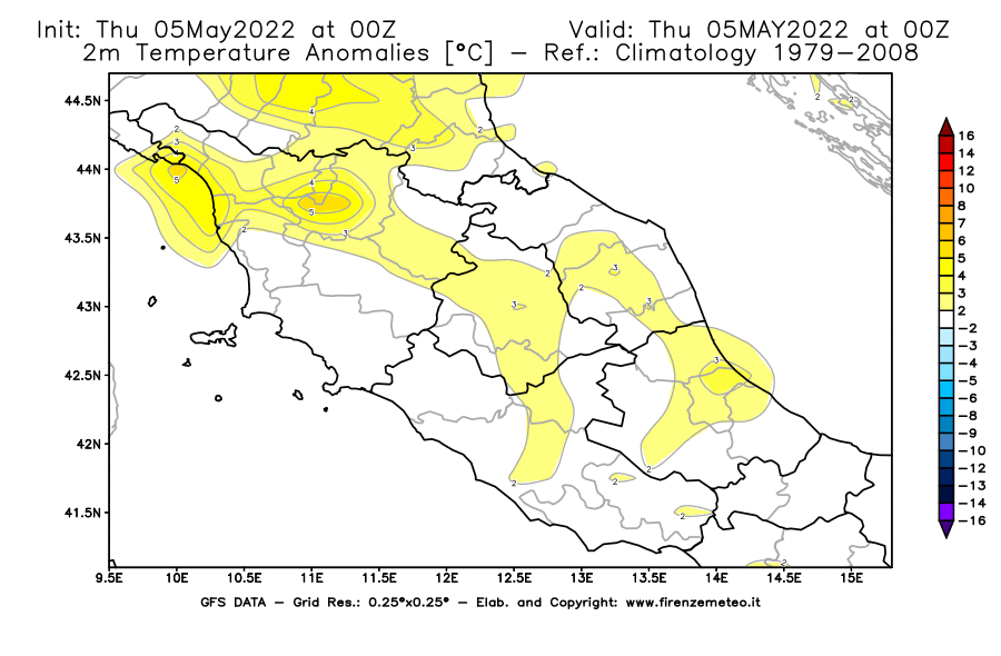 Mappa di analisi GFS - Anomalia Temperatura [°C] a 2 m in Centro-Italia
									del 05/05/2022 00 <!--googleoff: index-->UTC<!--googleon: index-->
