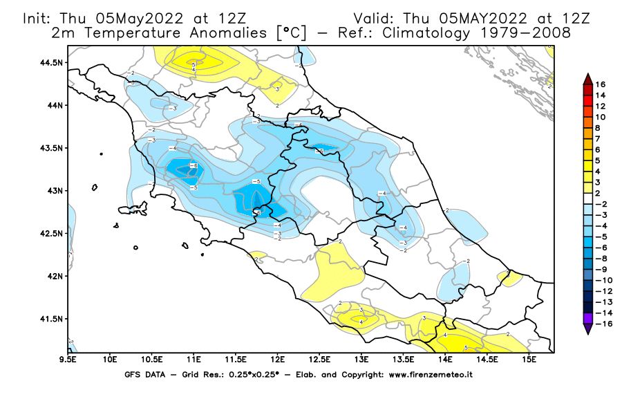 Mappa di analisi GFS - Anomalia Temperatura [°C] a 2 m in Centro-Italia
									del 05/05/2022 12 <!--googleoff: index-->UTC<!--googleon: index-->