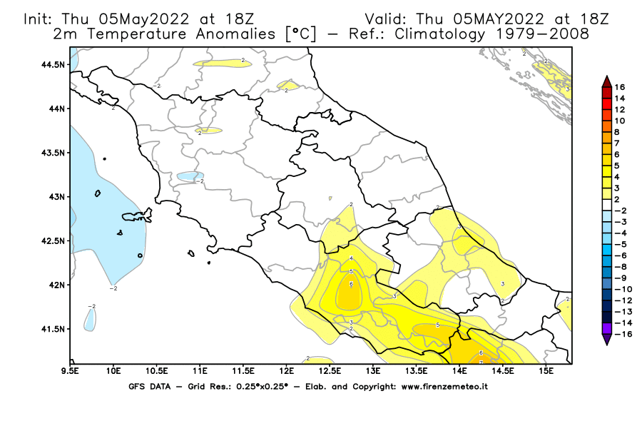 Mappa di analisi GFS - Anomalia Temperatura [°C] a 2 m in Centro-Italia
									del 05/05/2022 18 <!--googleoff: index-->UTC<!--googleon: index-->